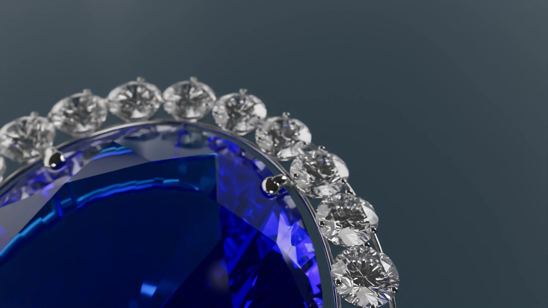Original CGI macro study of a blue gemstone and its setting; not physical inventory