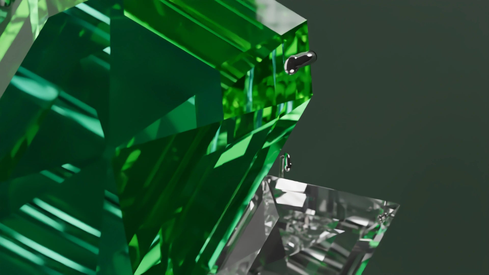 Original CGI macro study of a green gemstone and its setting; not physical inventory