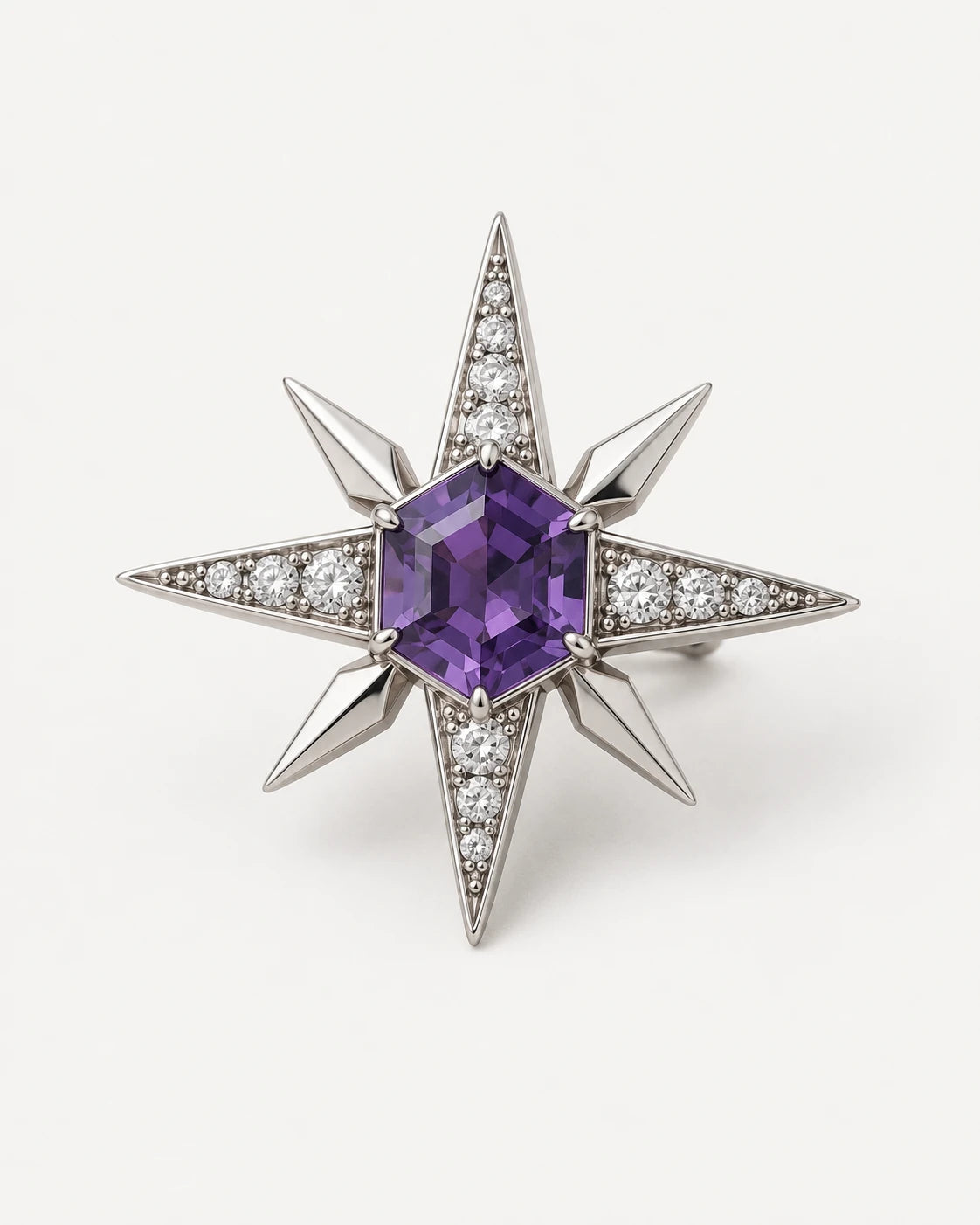 Violet North Star Brooch. Hexagonal center and eight-point star.