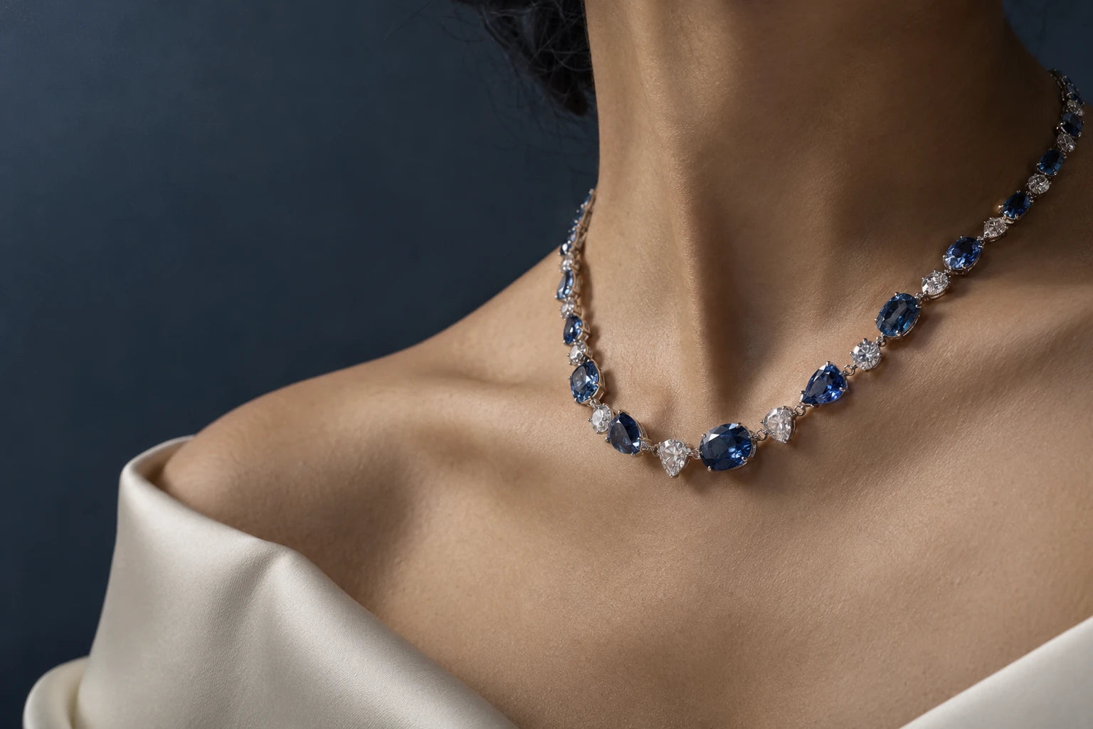Concept sapphire-blue and clear-stone necklace worn with ivory tailoring against slate blue