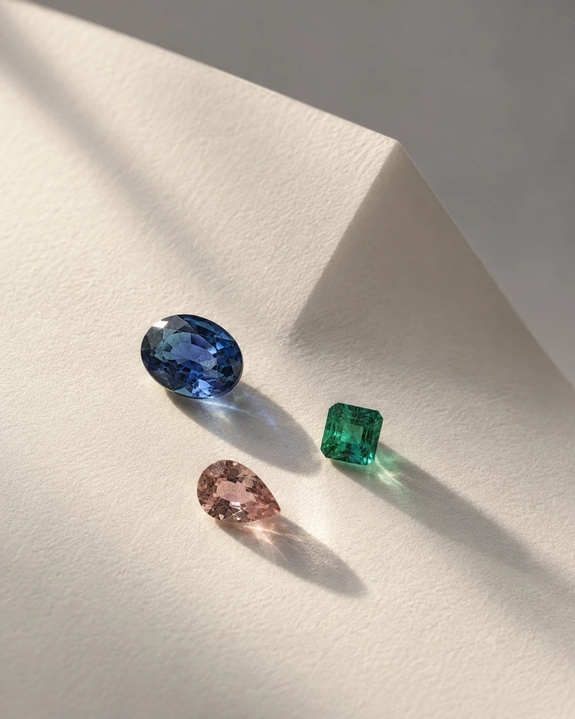 Blue, green and rose gemstone concepts in a quiet study of light and color