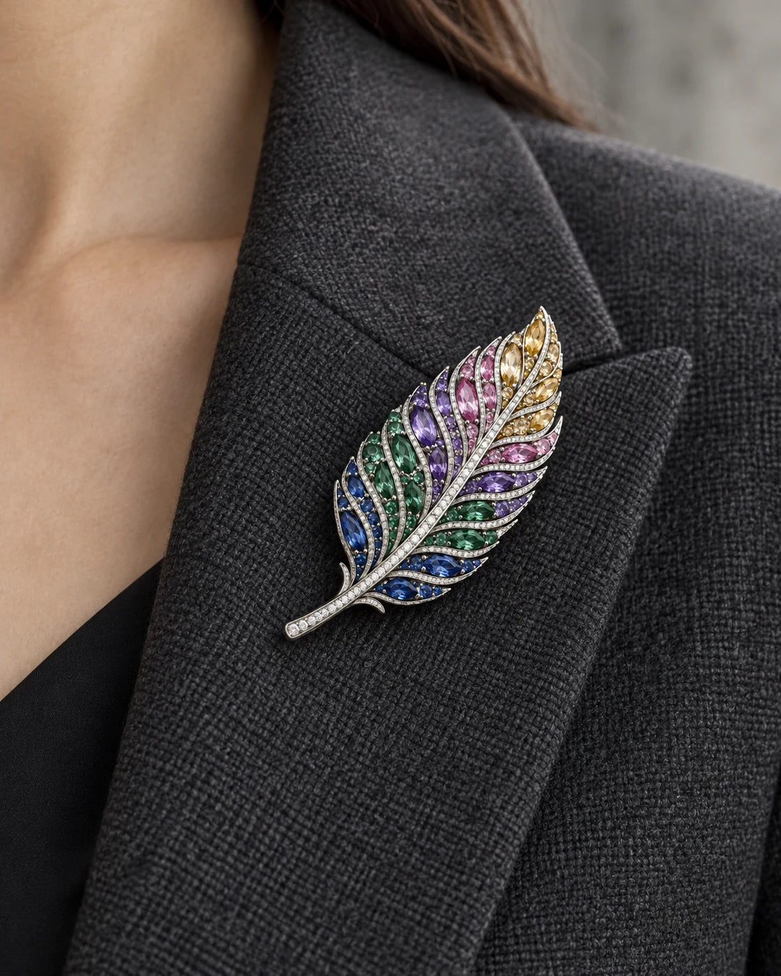 AI concept: Chromatic Feather Brooch, wearing study