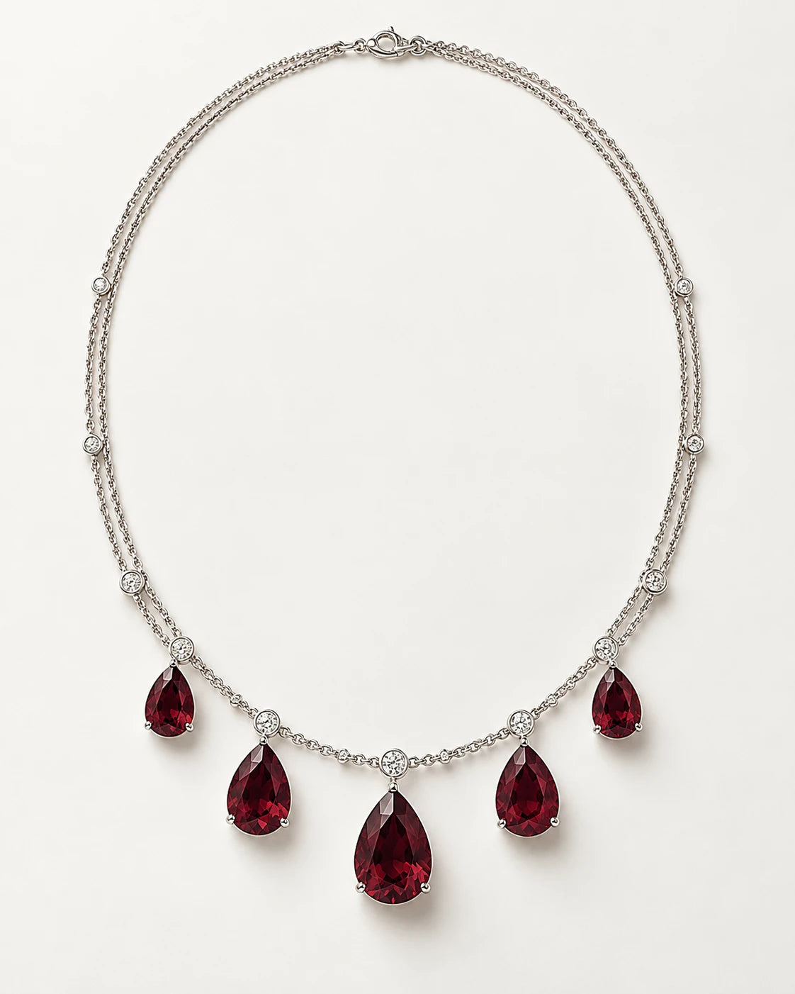 Fine white-metal station necklace with five graduated pear-shaped red gemstones