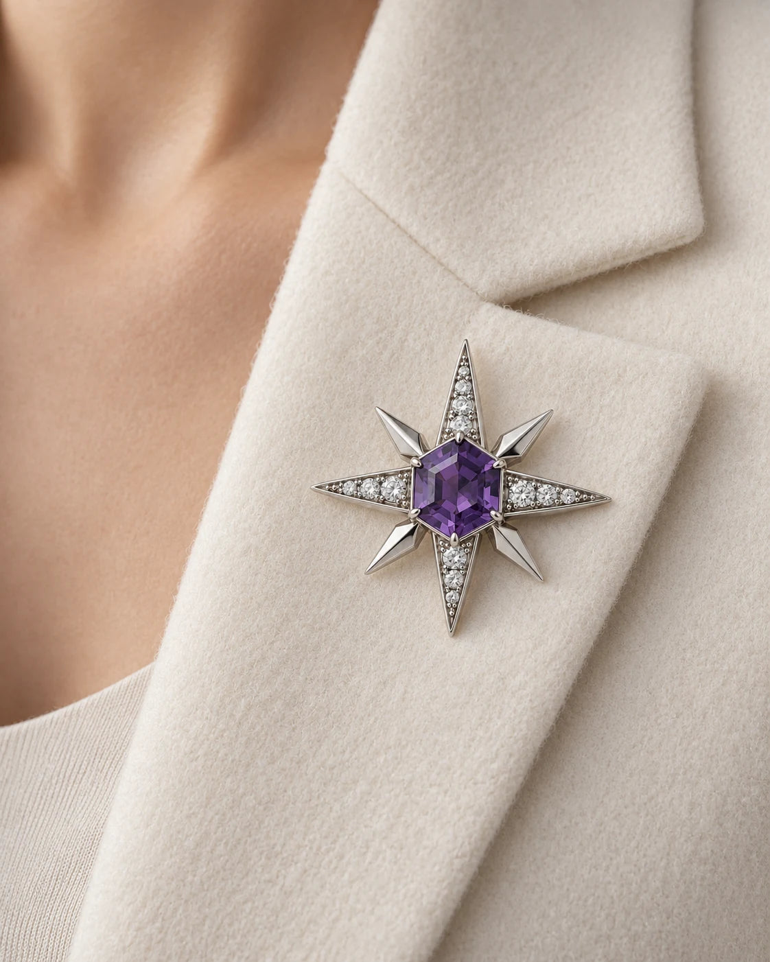 AI concept: Violet North Star Brooch, wearing study