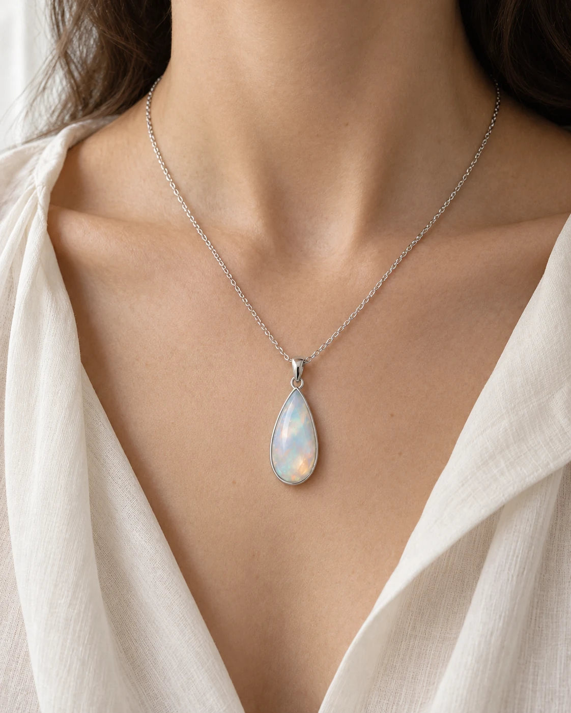 AI concept: Iridescent Drop Pendant, wearing study