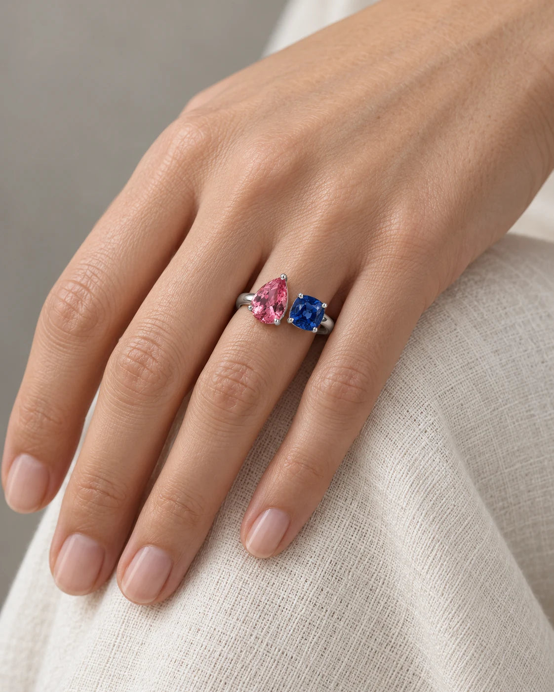 AI concept: Pink and Blue Duet Ring, wearing study
