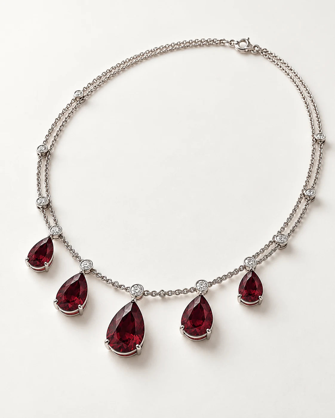 AI concept: Crimson Cascade Necklace, three-quarter construction view