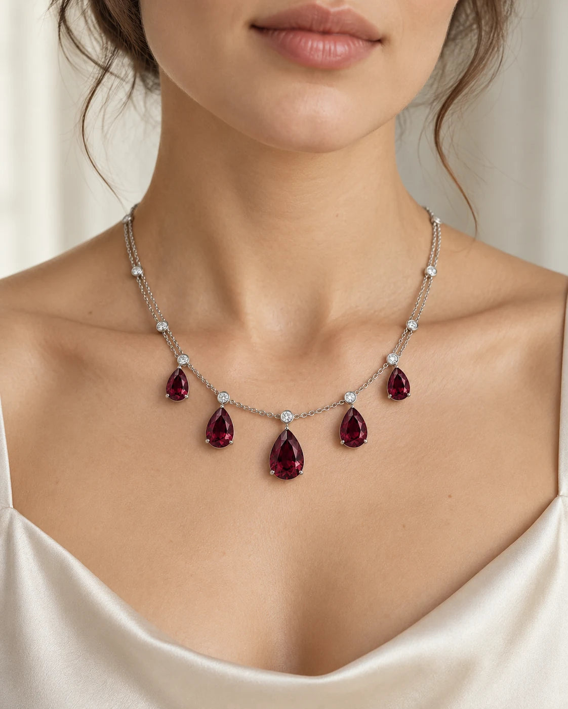 AI concept: Crimson Cascade Necklace, wearing study