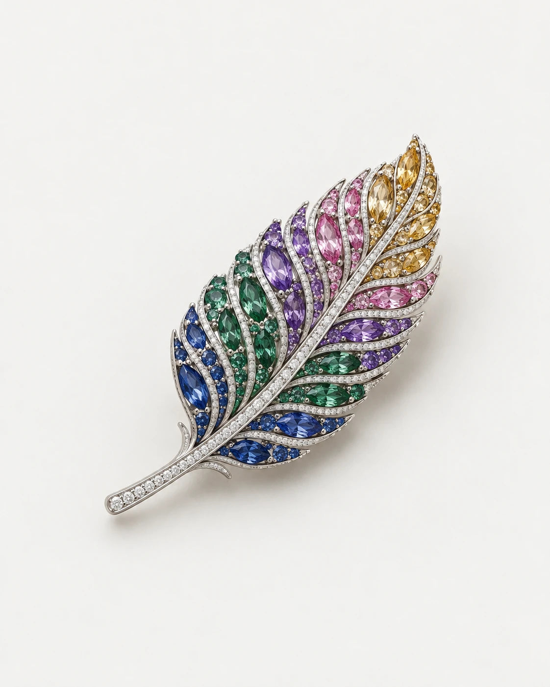 Chromatic Feather Brooch. Long feather silhouette.