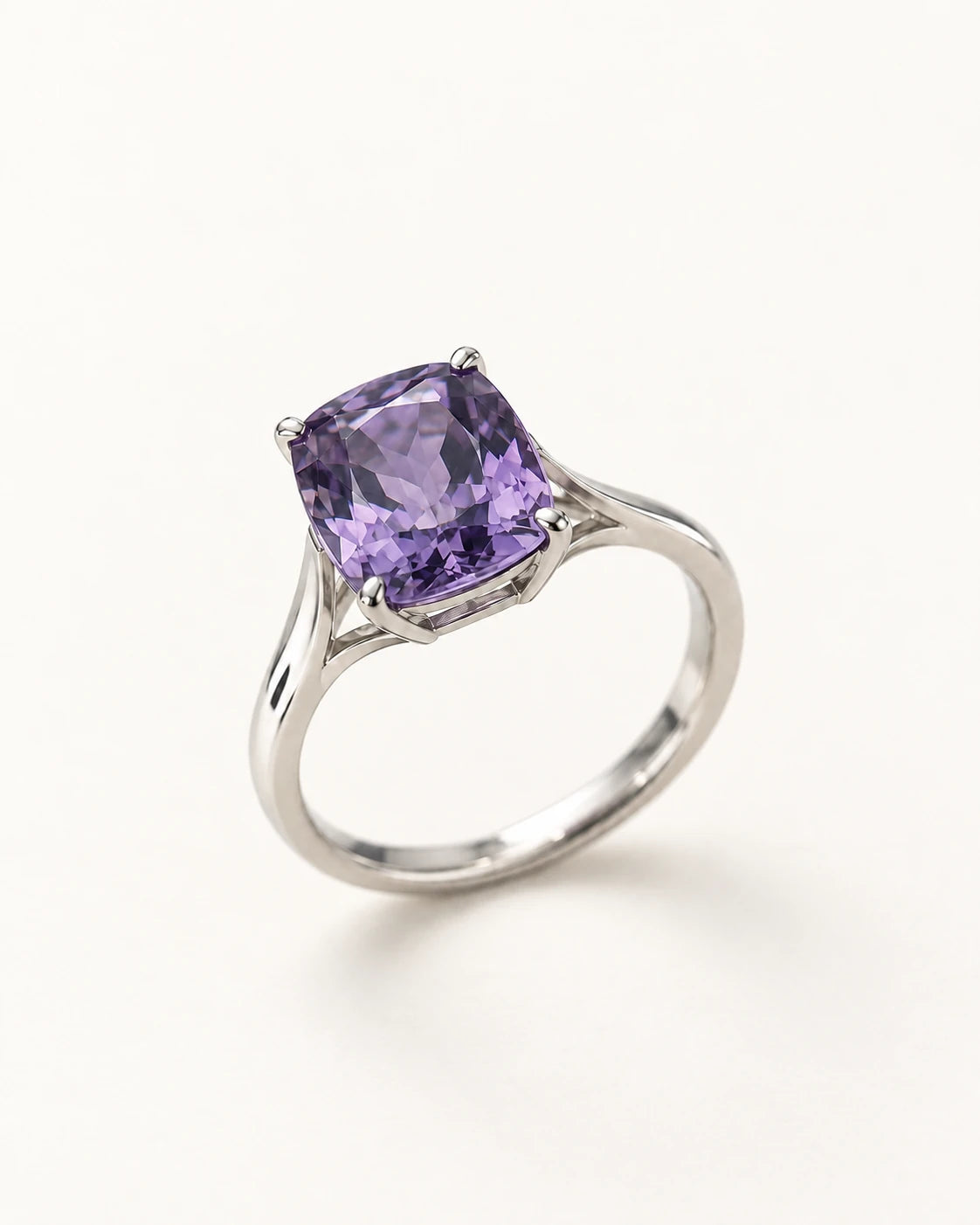 Violet Architecture Ring. Cushion center, slender split shoulders and open basket.